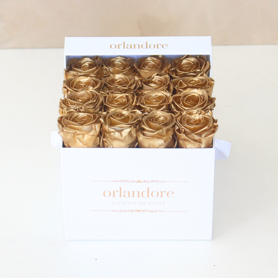 Gold Roses In A Box Small Square Rose Box - Gold – Orlandore Everlasting Roses
